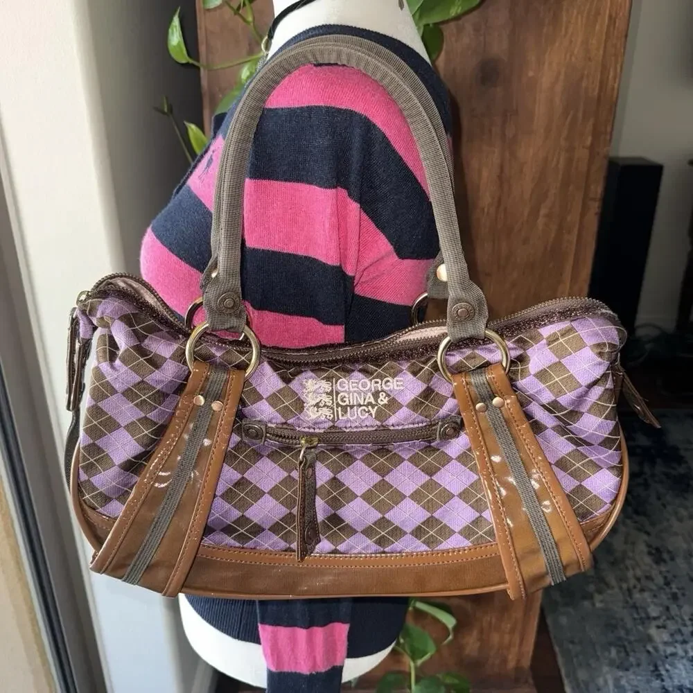George Gina & Lucy rare Vtg 90s purple &brown argyle handbag with brown leather